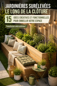 Bac de jardin en bois fleuri sur une clôture en bois.