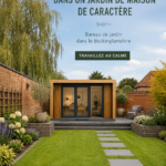 Bureau de jardin moderne avec touches naturelles dans un jardin verdoyant