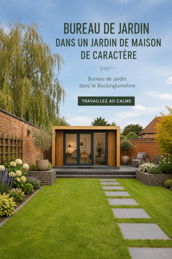 Bureau de jardin moderne avec touches naturelles dans un jardin verdoyant