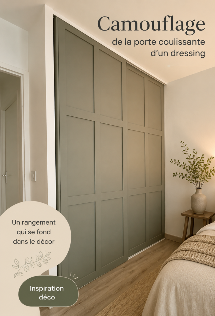 Installation d'un système de camouflage pour porte coulissante dans un dressing élégant.