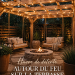 Patio chaleureux avec feu de camp et guirlandes lumineuses