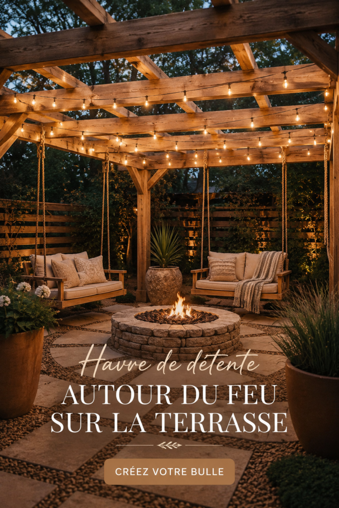 Patio chaleureux avec feu de camp et guirlandes lumineuses