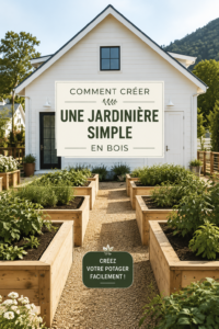 Bac à plantes en bois dans un jardin, rempli de fleurs colorées