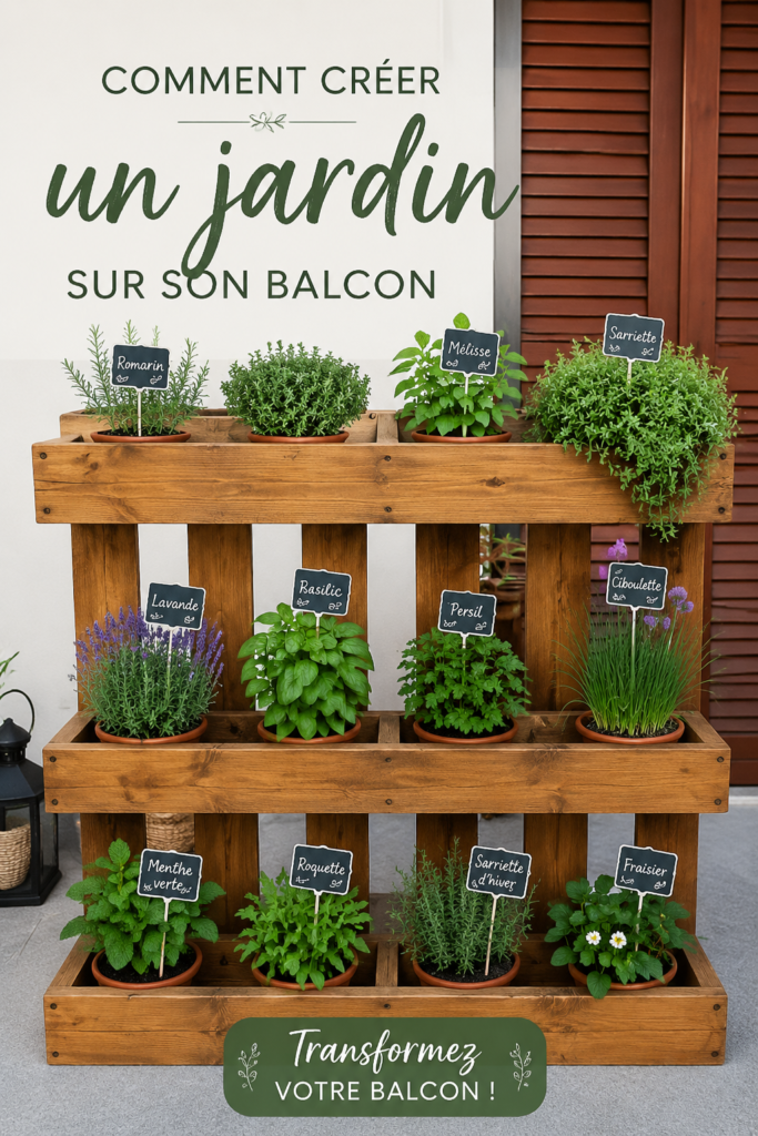 Un beau jardin aménagé sur un balcon avec diverses plantes et fleurs.