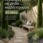 Un jardin méditerranéen vibrant avec des fleurs colorées et des oliviers.
