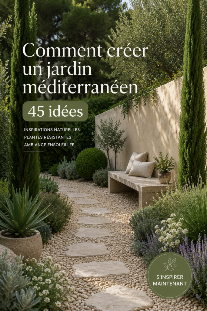 Un jardin méditerranéen vibrant avec des fleurs colorées et des oliviers.