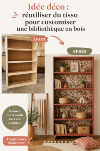 Bibliothèque en bois customisée avec des tissus colorés