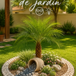 Un jardin bien décoré avec des lampes et des plantes colorées, évoquant une atmosphère chaleureuse.