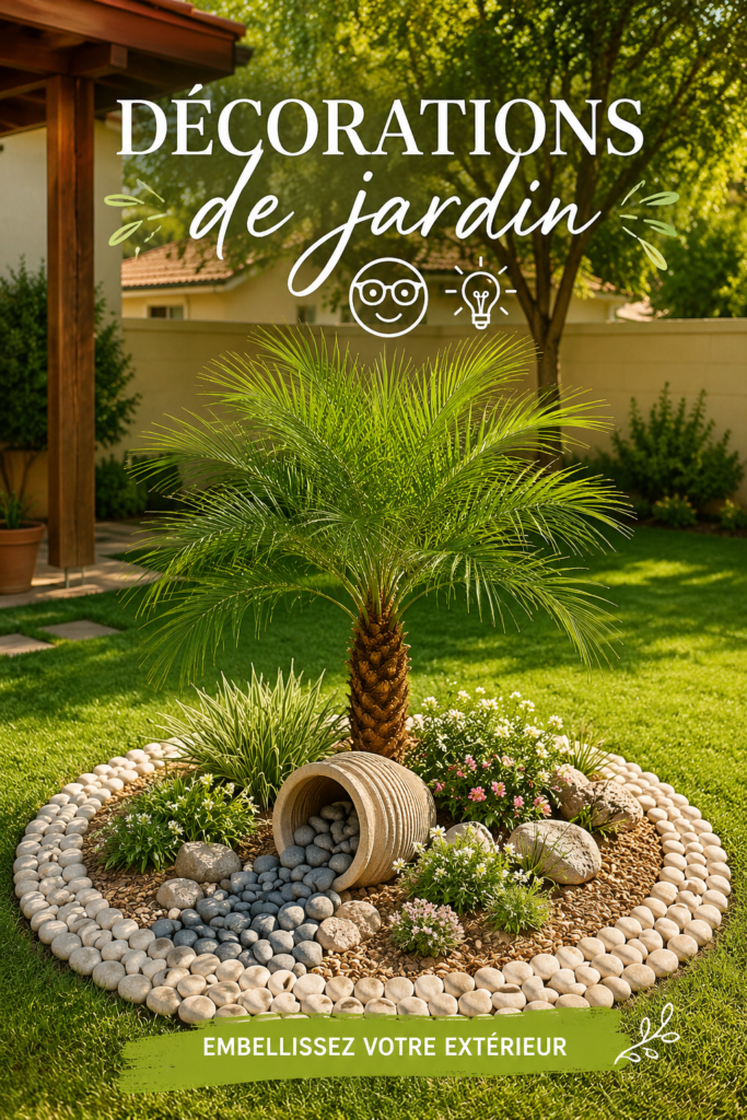 Un jardin bien décoré avec des lampes et des plantes colorées, évoquant une atmosphère chaleureuse.