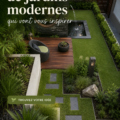 Un jardin moderne avec des lignes épurées et une belle végétation.