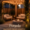 Une pergola illuminée avec des guirlandes lumineuses dans un jardin.