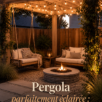 Une pergola illuminée avec des guirlandes lumineuses dans un jardin.