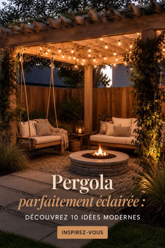 Une pergola illuminée avec des guirlandes lumineuses dans un jardin.