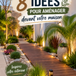 Allée de jardin aménagée avec des plantes colorées et des pavés