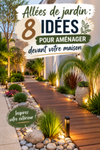 Allée de jardin aménagée avec des plantes colorées et des pavés