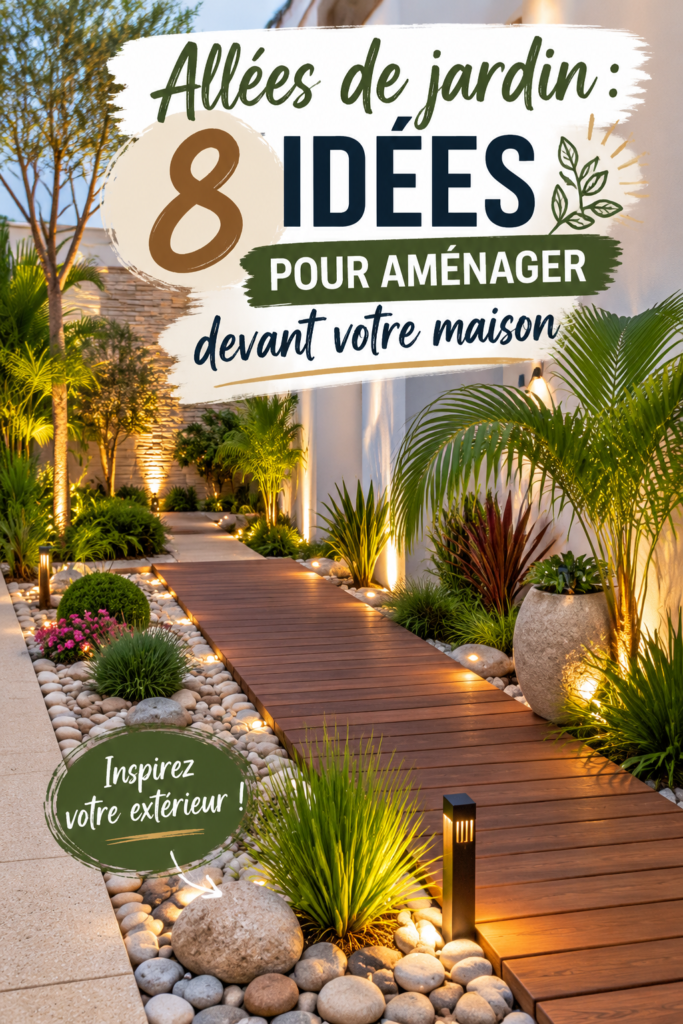 Allée de jardin aménagée avec des plantes colorées et des pavés
