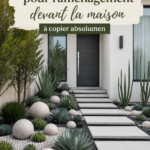Une belle devanture de maison fleurie avec des plantes colorées et un chemin accueillant.