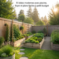 Un jardin moderne et accueillant, avec une piscine et un coin détente.