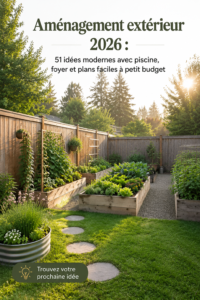 Un jardin moderne et accueillant, avec une piscine et un coin détente.