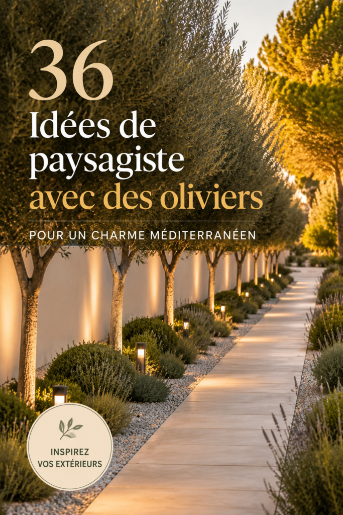 Jardin méditerranéen avec oliviers et éléments décoratifs