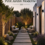 Aménagement moderne d'un petit jardin avec mobilier contemporain et plantes vertes.
