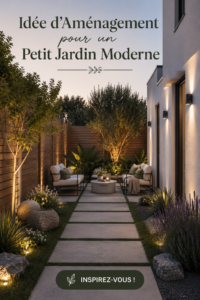 Aménagement moderne d'un petit jardin avec mobilier contemporain et plantes vertes.