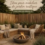 Aménagement d'un coin jardin confortable avec des meubles rustiques et des coussins colorés