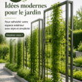 Jardin moderne avec des plantes variées et un mobilier élégant, illustrant des idées de design contemporain.