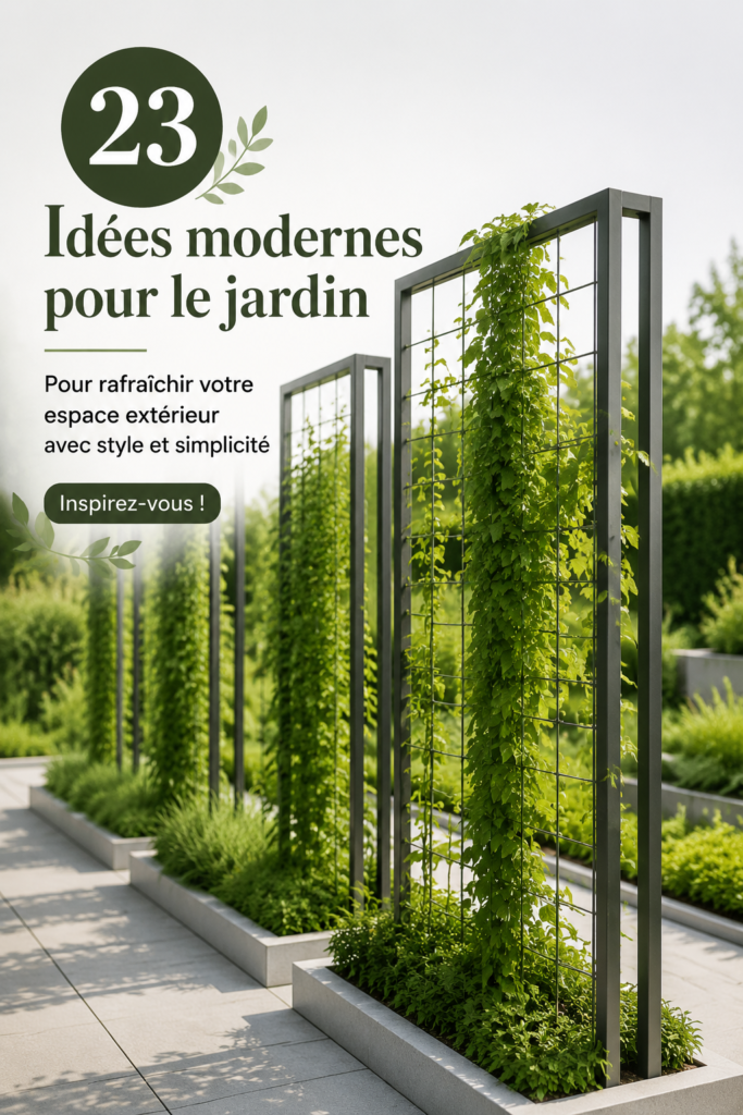Jardin moderne avec des plantes variées et un mobilier élégant, illustrant des idées de design contemporain.
