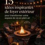 Foyer extérieur moderne et chaleureux dans un jardin bien entretenu.