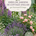 Un jardin de cottage anglais fleuri avec des plantes colorées et des chemins en pierres.