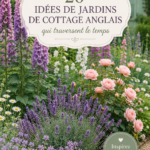 Un jardin de cottage anglais fleuri avec des plantes colorées et des chemins en pierres.