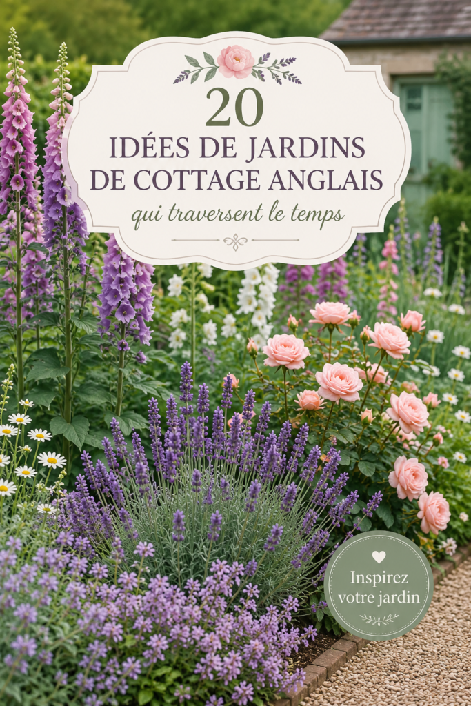 Un jardin de cottage anglais fleuri avec des plantes colorées et des chemins en pierres.