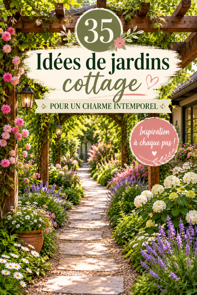 Un jardin de cottage fleuri avec des plantes variées et des allées accueillantes.