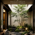 Un jardin Japonais au style Japandi avec des plantes succulentes et des éléments en bois.