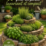 Un jardin luxuriant et bien aménagé sur une petite surface avec des plantes variées.