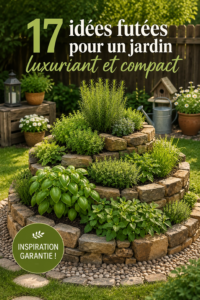 Un jardin luxuriant et bien aménagé sur une petite surface avec des plantes variées.