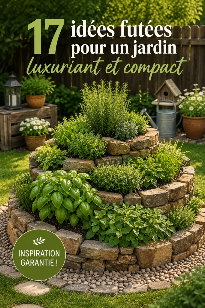 Un jardin luxuriant et bien aménagé sur une petite surface avec des plantes variées.