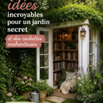 Un jardin secret fleuri avec des plantes luxuriantes et un coin détente paisible.