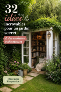 Un jardin secret fleuri avec des plantes luxuriantes et un coin détente paisible.