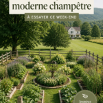 Un beau jardin moderne au style farmhouse avec des fleurs et des meubles en bois.