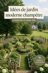 Un beau jardin moderne au style farmhouse avec des fleurs et des meubles en bois.