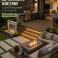Un patio moderne avec des meubles confortables et une décoration accueillante dans un jardin luxuriant