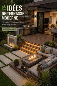 Un patio moderne avec des meubles confortables et une décoration accueillante dans un jardin luxuriant