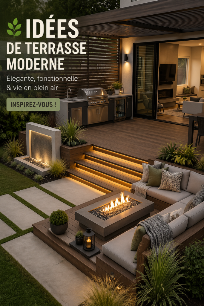 Un patio moderne avec des meubles confortables et une décoration accueillante dans un jardin luxuriant