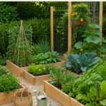 Potager bien aménagé avec légumes variés et bacs en bois