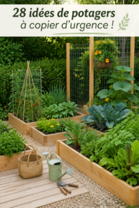 Potager bien aménagé avec légumes variés et bacs en bois