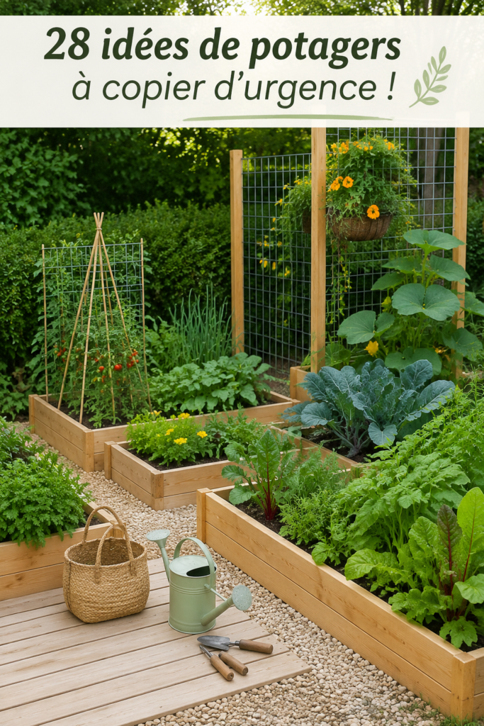 Potager bien aménagé avec légumes variés et bacs en bois