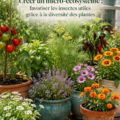 Un jardin en contenant vibrant qui attire des insectes bénéfiques, avec une variété de plantes colorées.