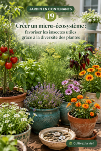 Un jardin en contenant vibrant qui attire des insectes bénéfiques, avec une variété de plantes colorées.